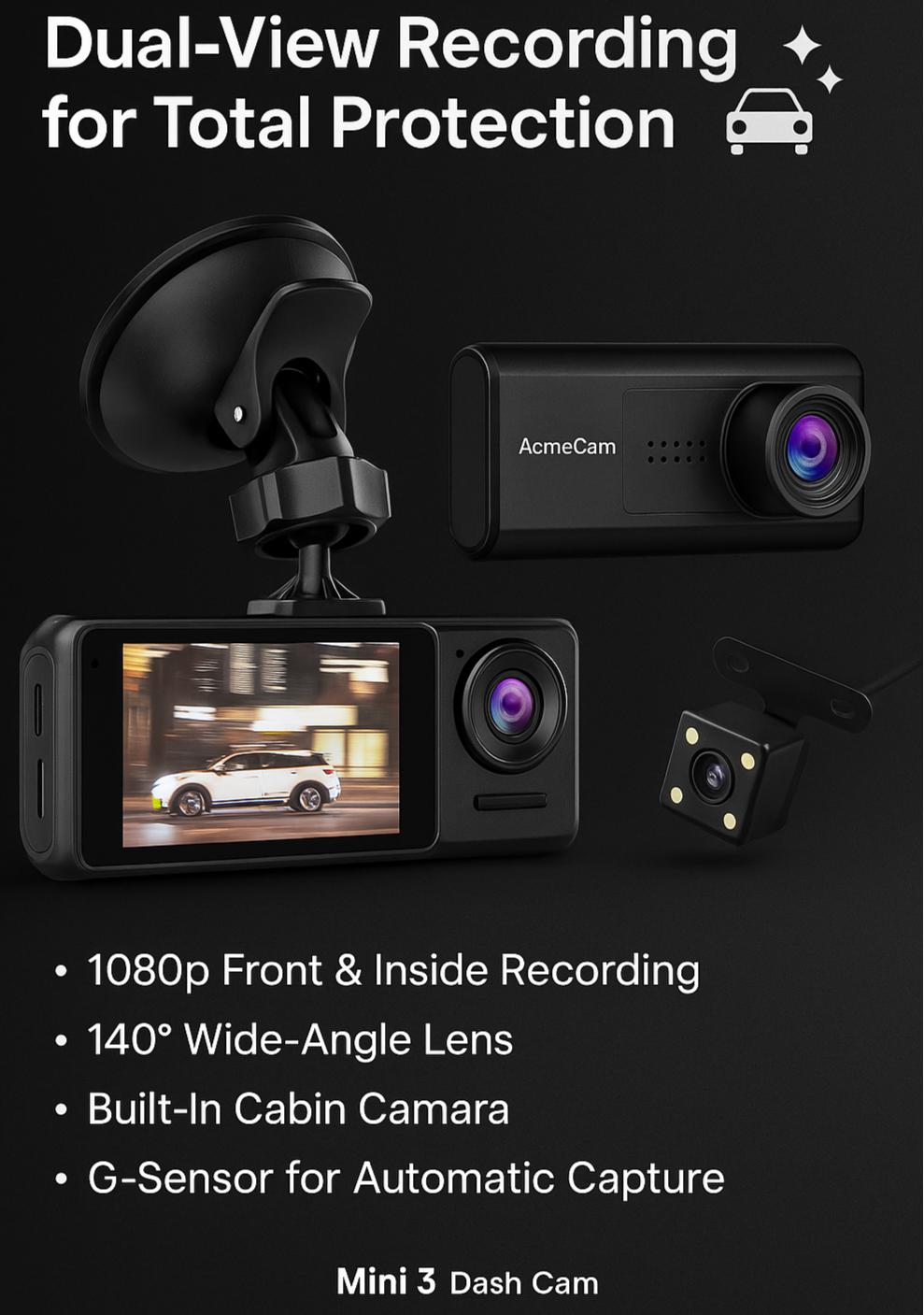 Mini 3 Dash Cam – Full HD 1080P Car Camera with Night Vision + 32GB Memory